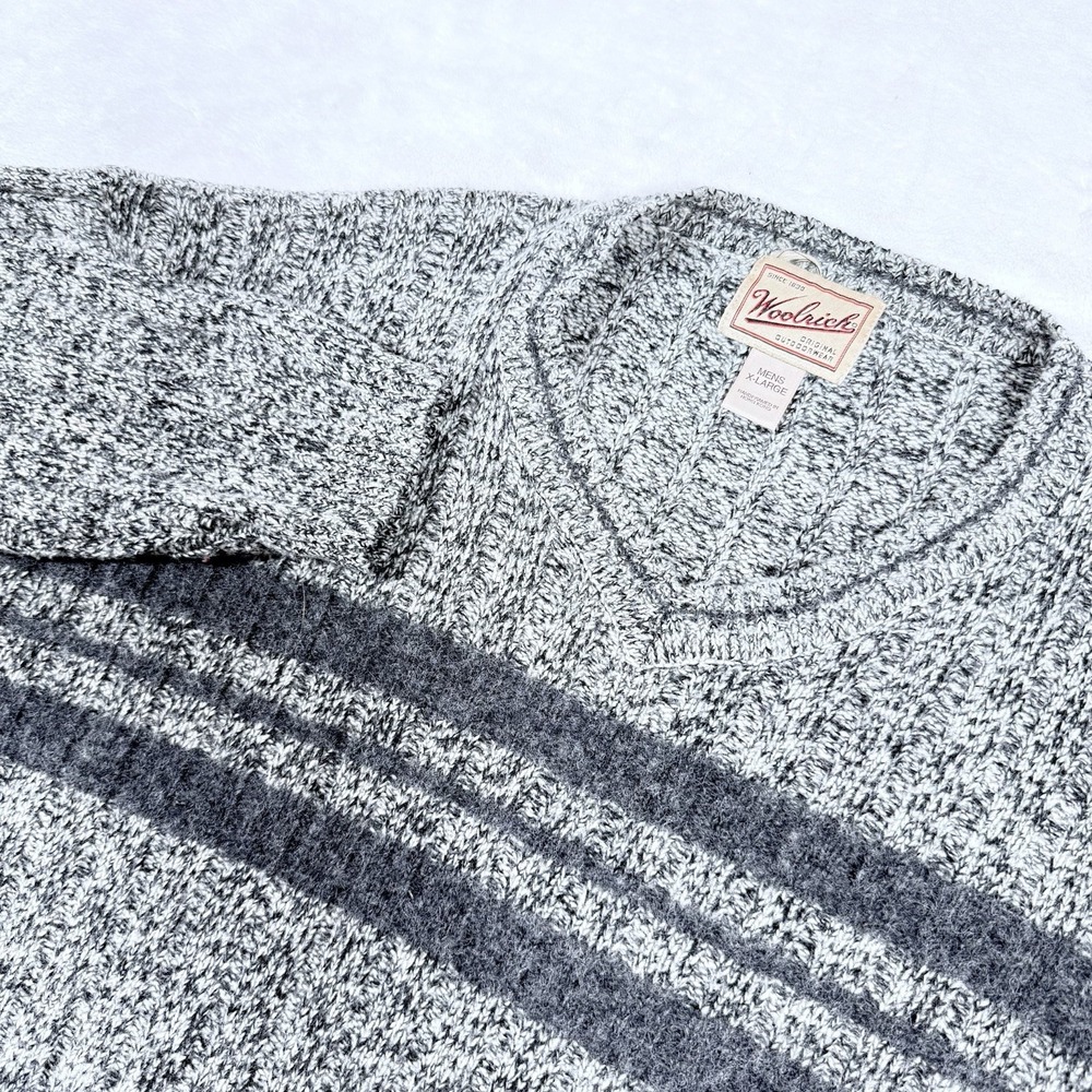 Woolrich Mens XL V-Neck Sweater Grey Marled Striped Wool Blend Fog‎ 9085